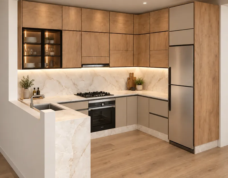 Cuisine en U en bois chêne et beige avec vitrine noire